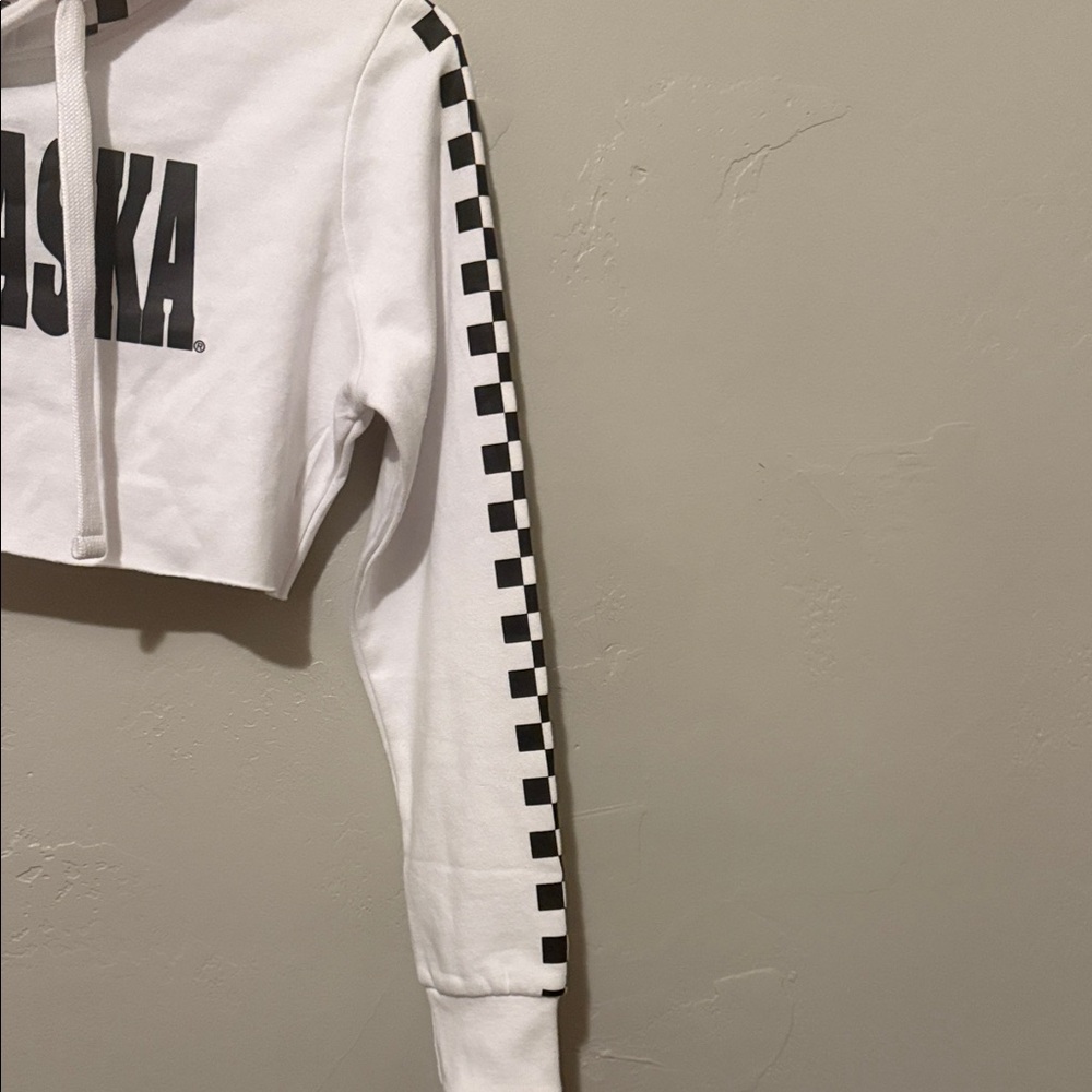 Reflex White Cropped Nebraska Hoodie with Black Checkered Sleeves Medium - Picture 5 of 8